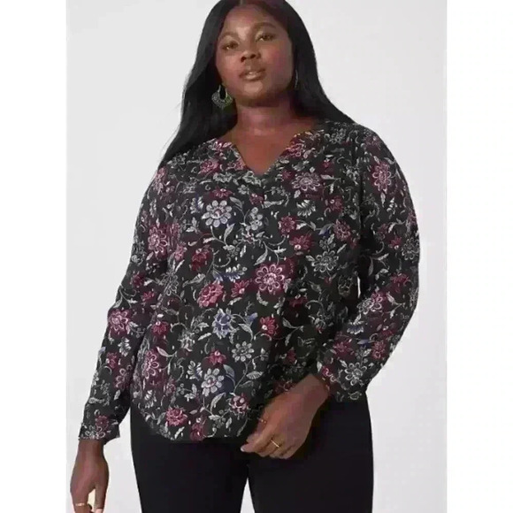 Lane Bryant Long Sleeve V Neck Smocked Yoke Blouse Floral Print Women's Size‎ 22 - Picture 1 of 7